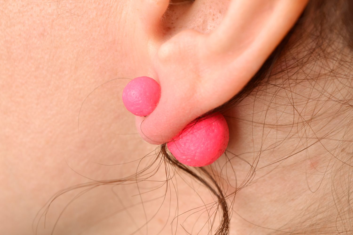 Handmade polymer clay stud earrings of round shape and bright pink color for women photo 2