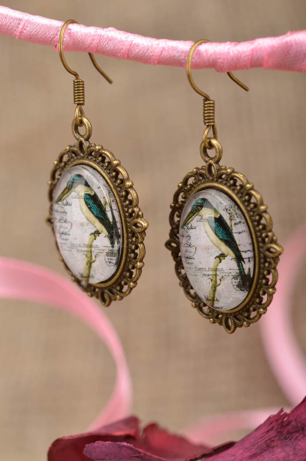 Oval cute handmade designer metal earrings with print in retro style Birds photo 1