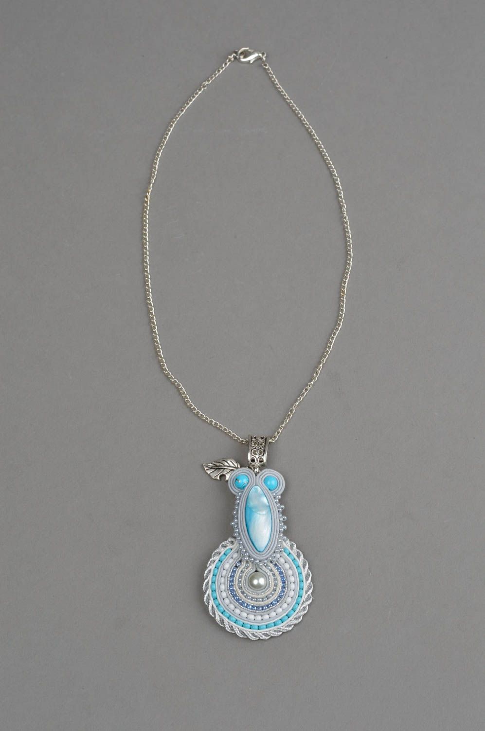 Handmade unusual pendant soutache designer accessory jewelry with pearls photo 2