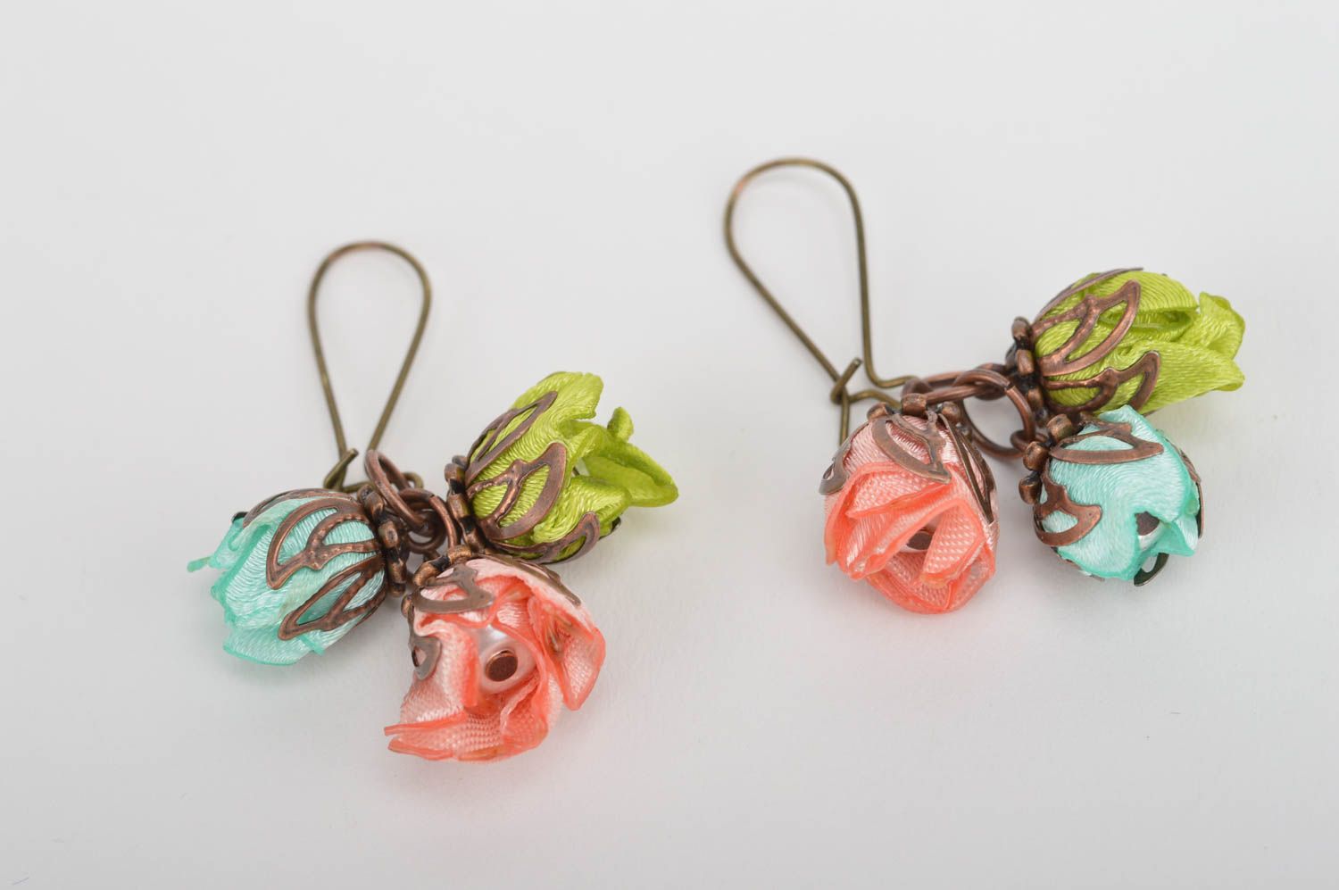 Handmade female earrings stylish elegant jewelry earrings made of satin ribbons photo 5
