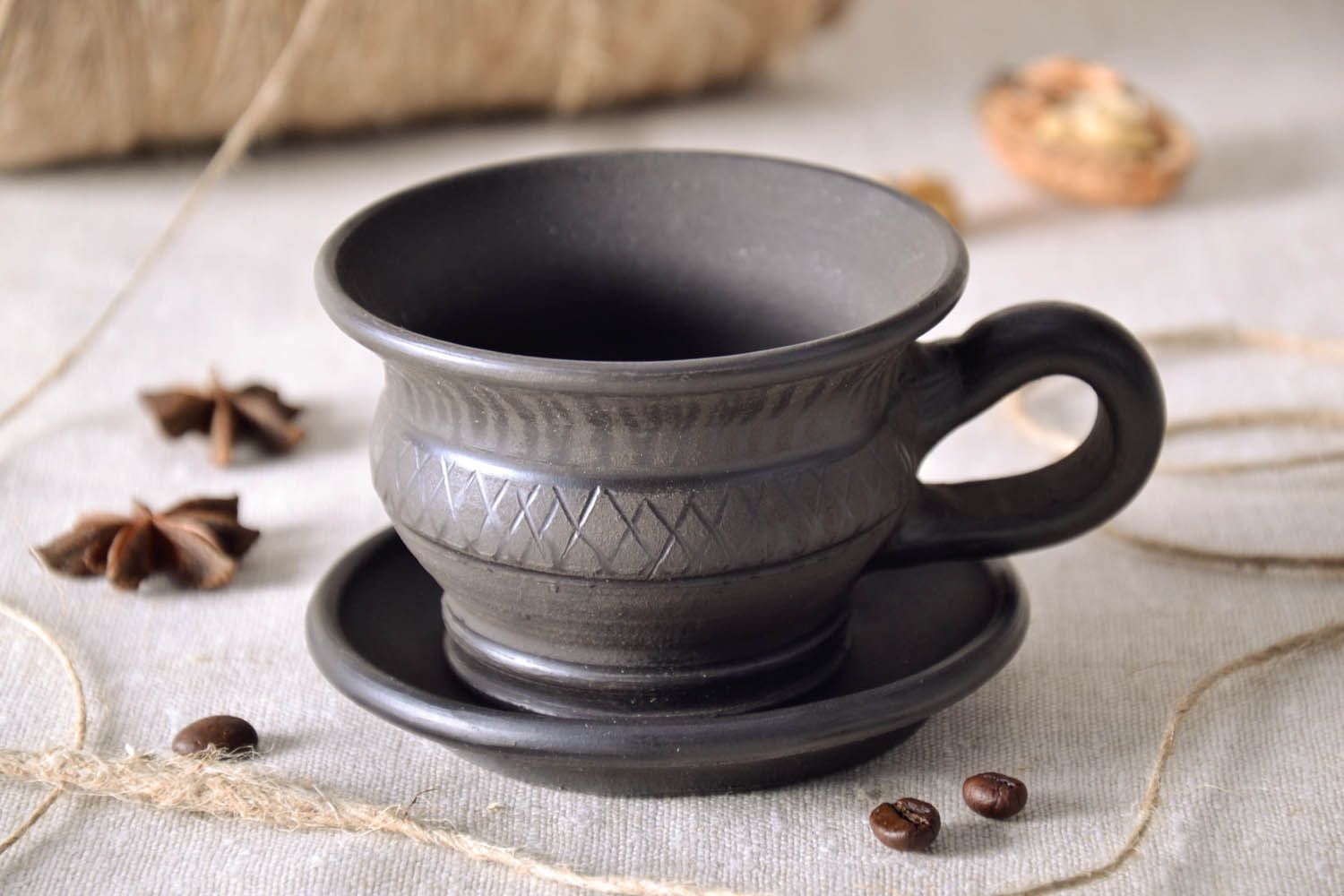 Black natural lead-free clay cup with handle and saucer  photo 1