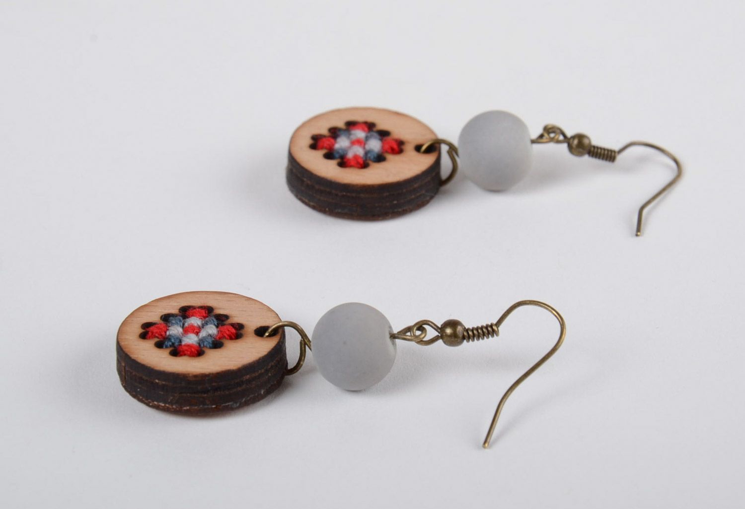 Round wooden earrings with cross stitch embroidery and beads for women photo 2