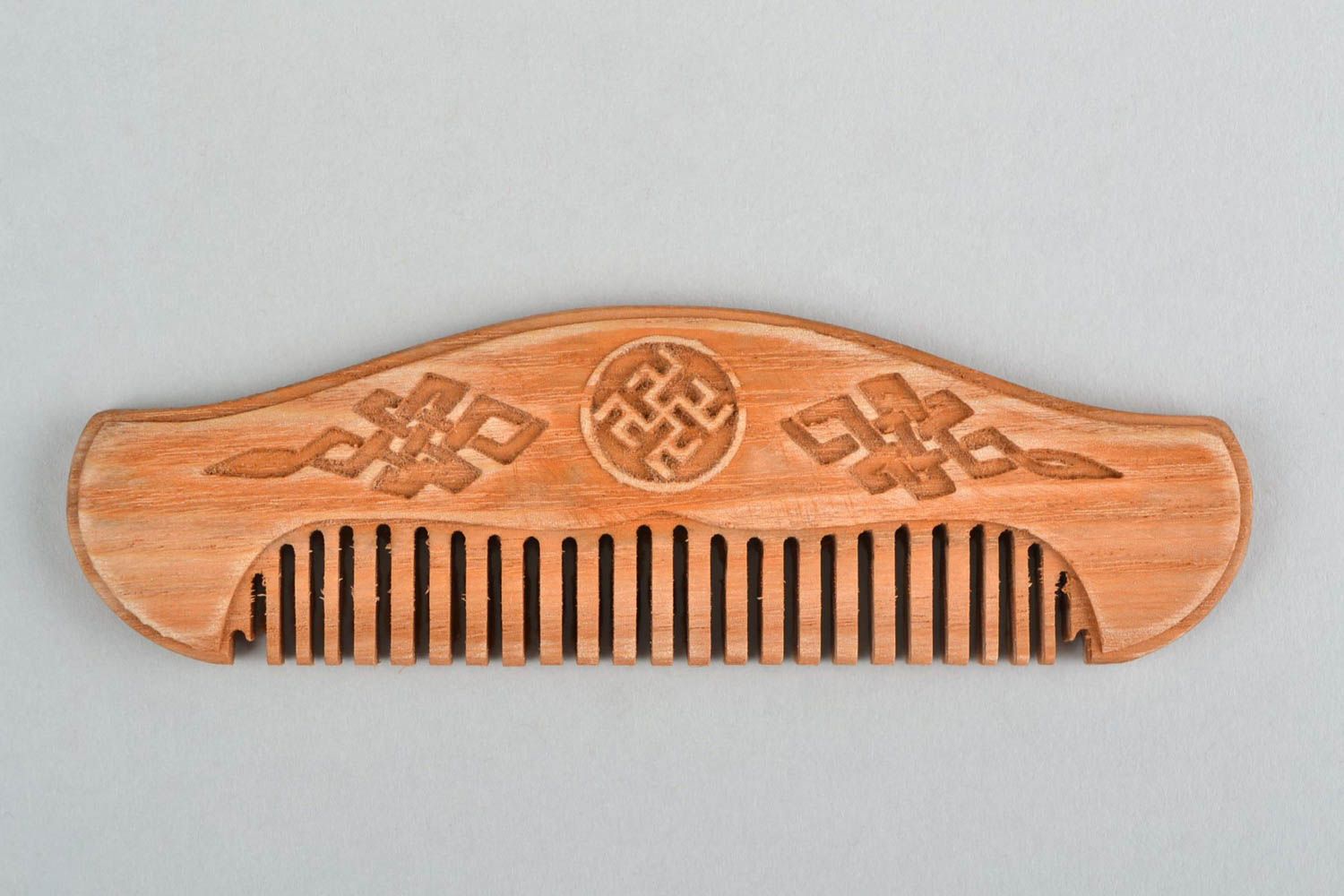 Handmade natural wooden beard comb designer with Slavic ornament photo 3