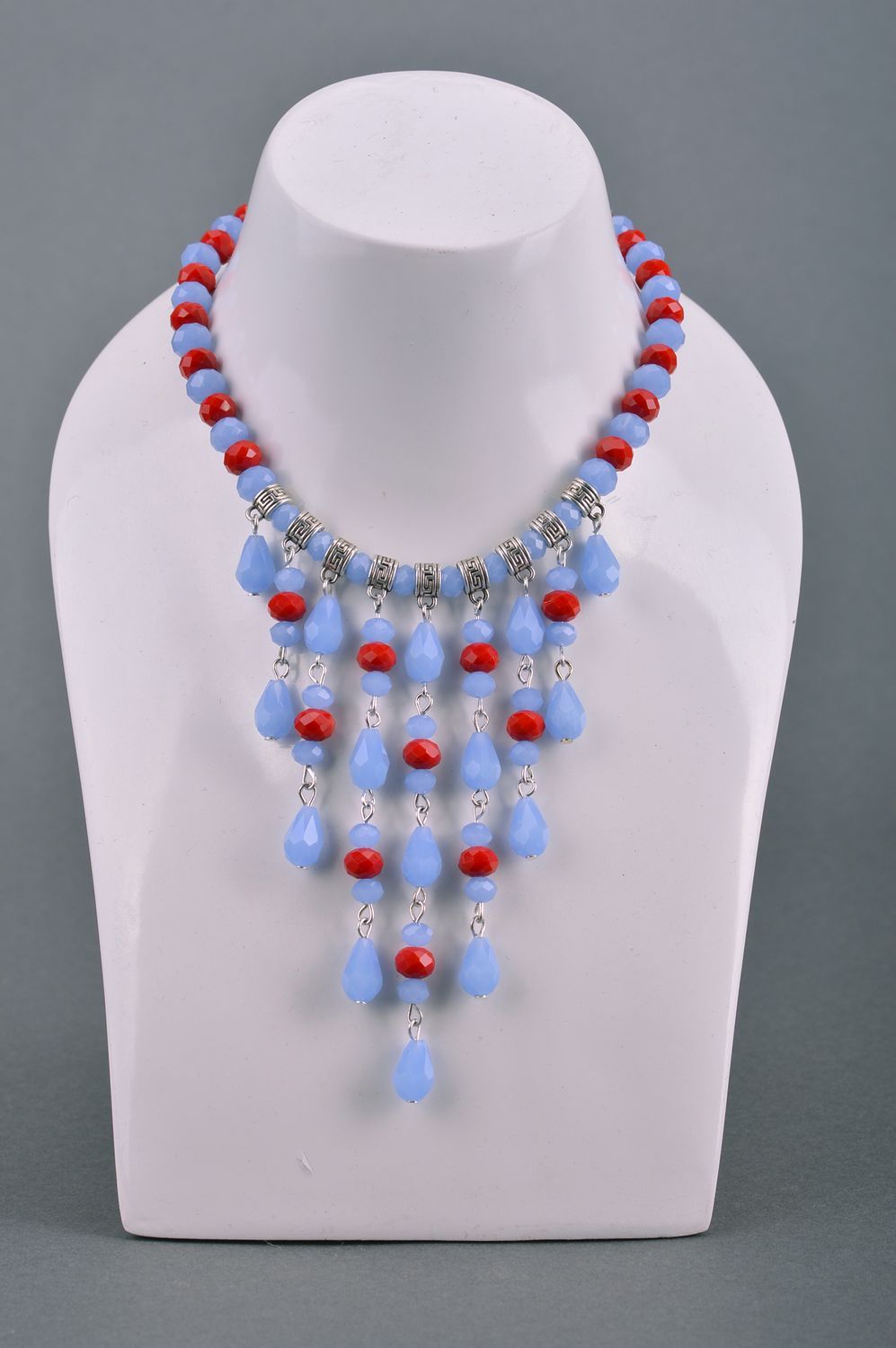 Handmade blue and red faceted bead jewelry set earrings and massive necklace photo 1