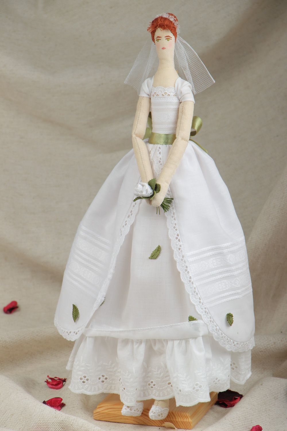 Beautiful handmade decorative fabric doll in wedding dress photo 5