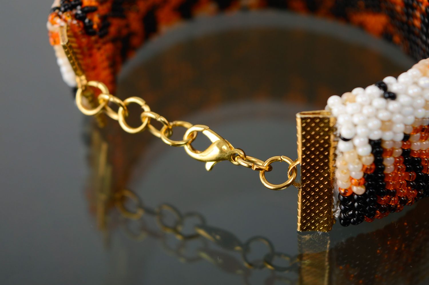 Adjustable handmade black and orange beads bracelet with tiger coloring  photo 3