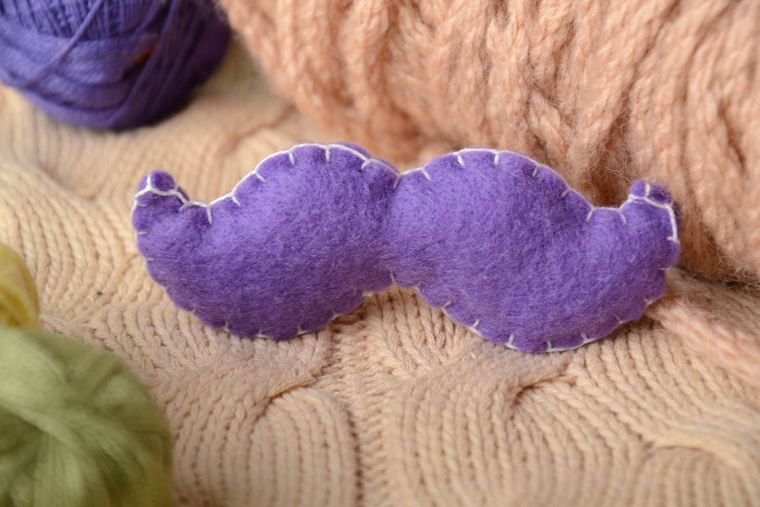 Handmade funny small soft toy fridge magnet sewn of felt violet mustache photo 1