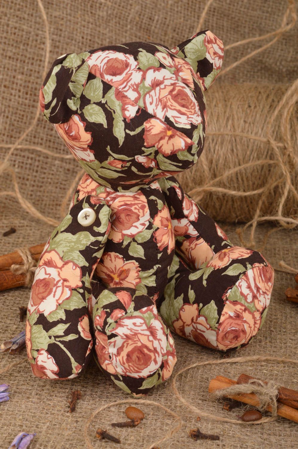 Beautiful handmade children's cotton fabric soft toy bear with flower print photo 1