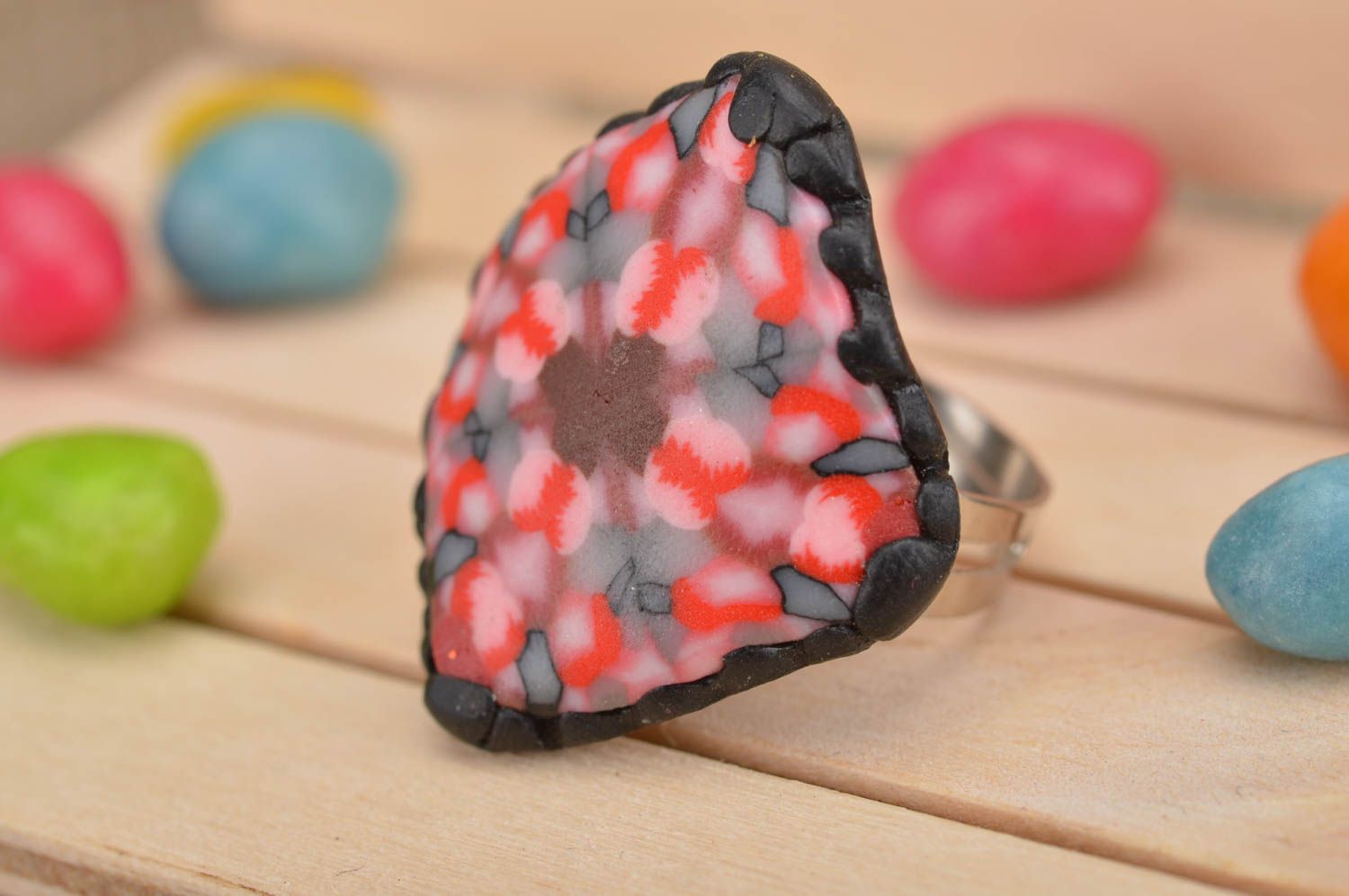 Handmade unusual pink ring made of polymer clay with sectional fittings photo 1
