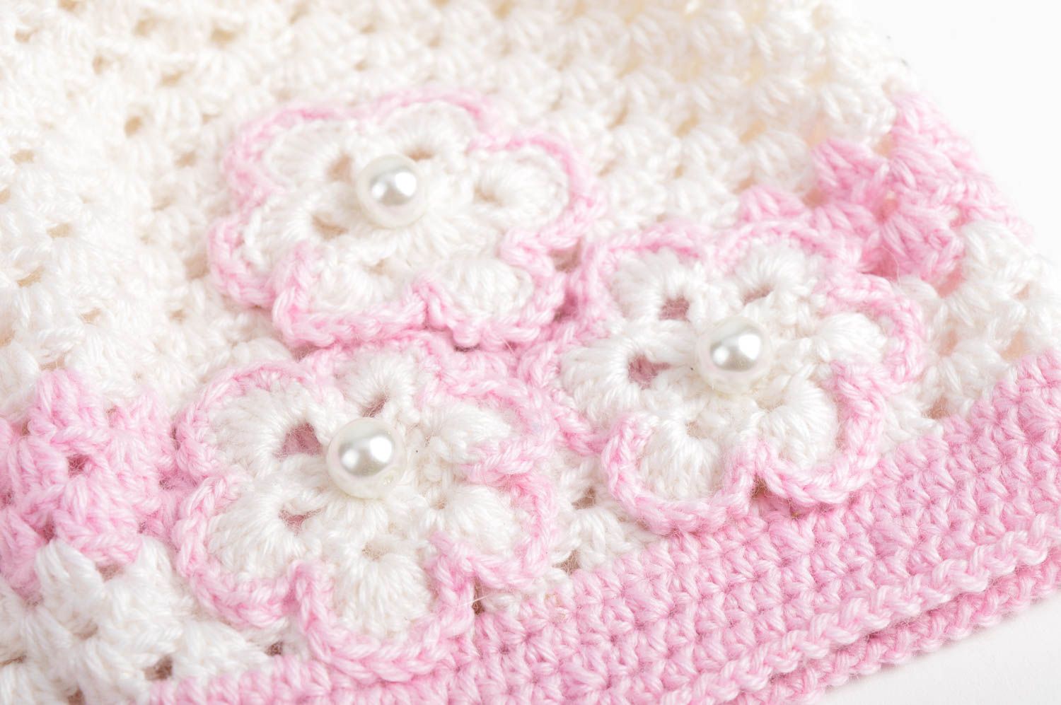 Bonnet tricot fait main Chapeau au crochet blanc rose fleurs Vêtement fille photo 5