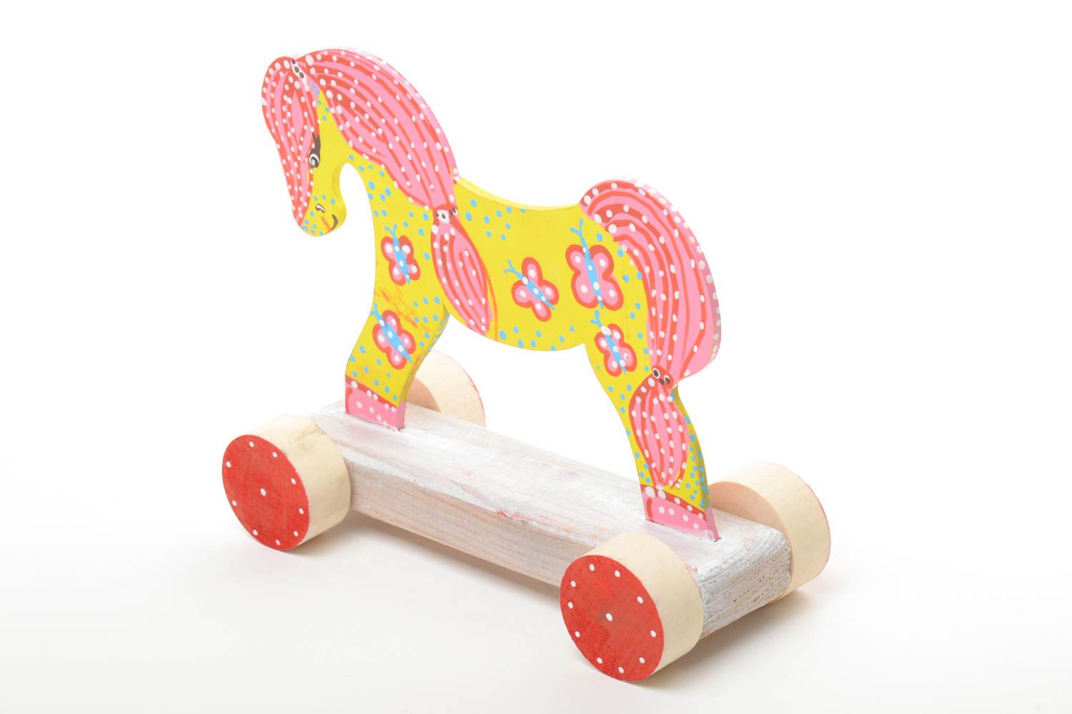 Colorful children's handmade small wooden wheeled toy horse with painting photo 2