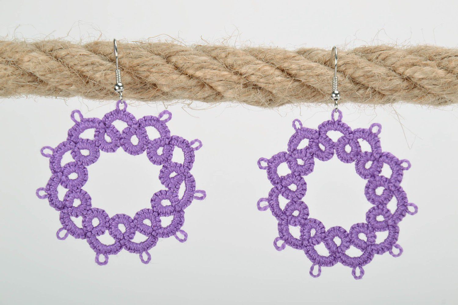 Earrings made from woven lace Lilac Star photo 2