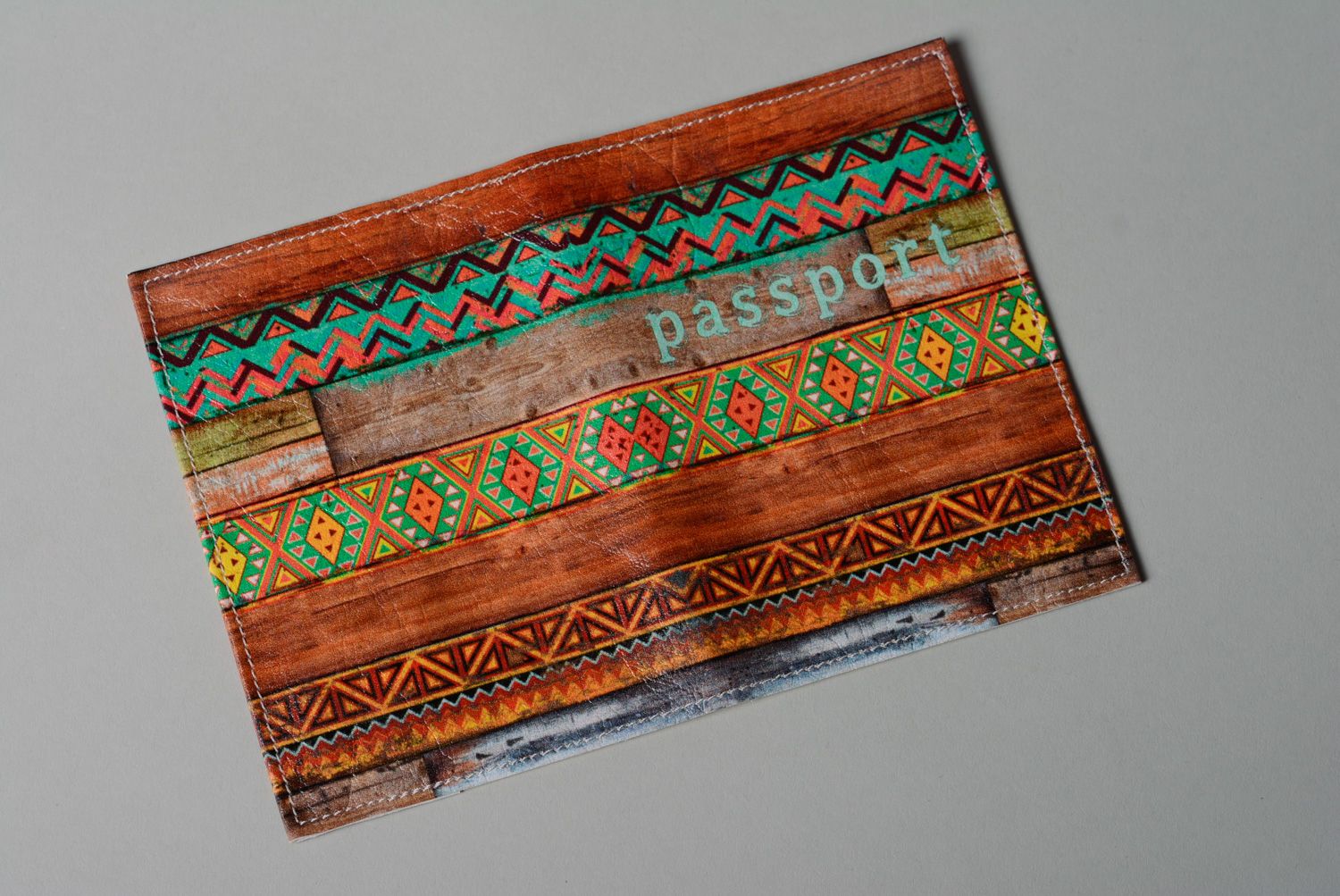Handmade leather passport cover with print in ethnic style photo 2