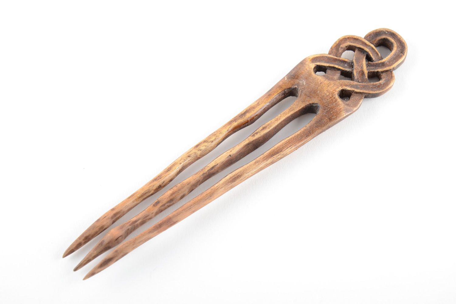 Handmade varnished wooden hair pin with fancy carving in ethnic style photo 2