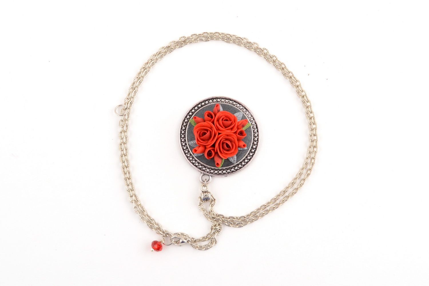 Handmade round metal pendant on chain with small polymer clay red rose flowers photo 3