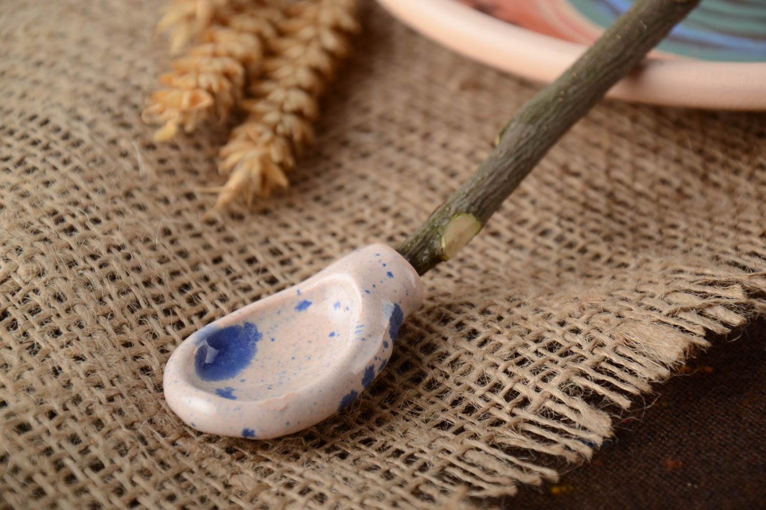 Handmade decorative small ceramic spoon with apricot branch handle for spices photo 1
