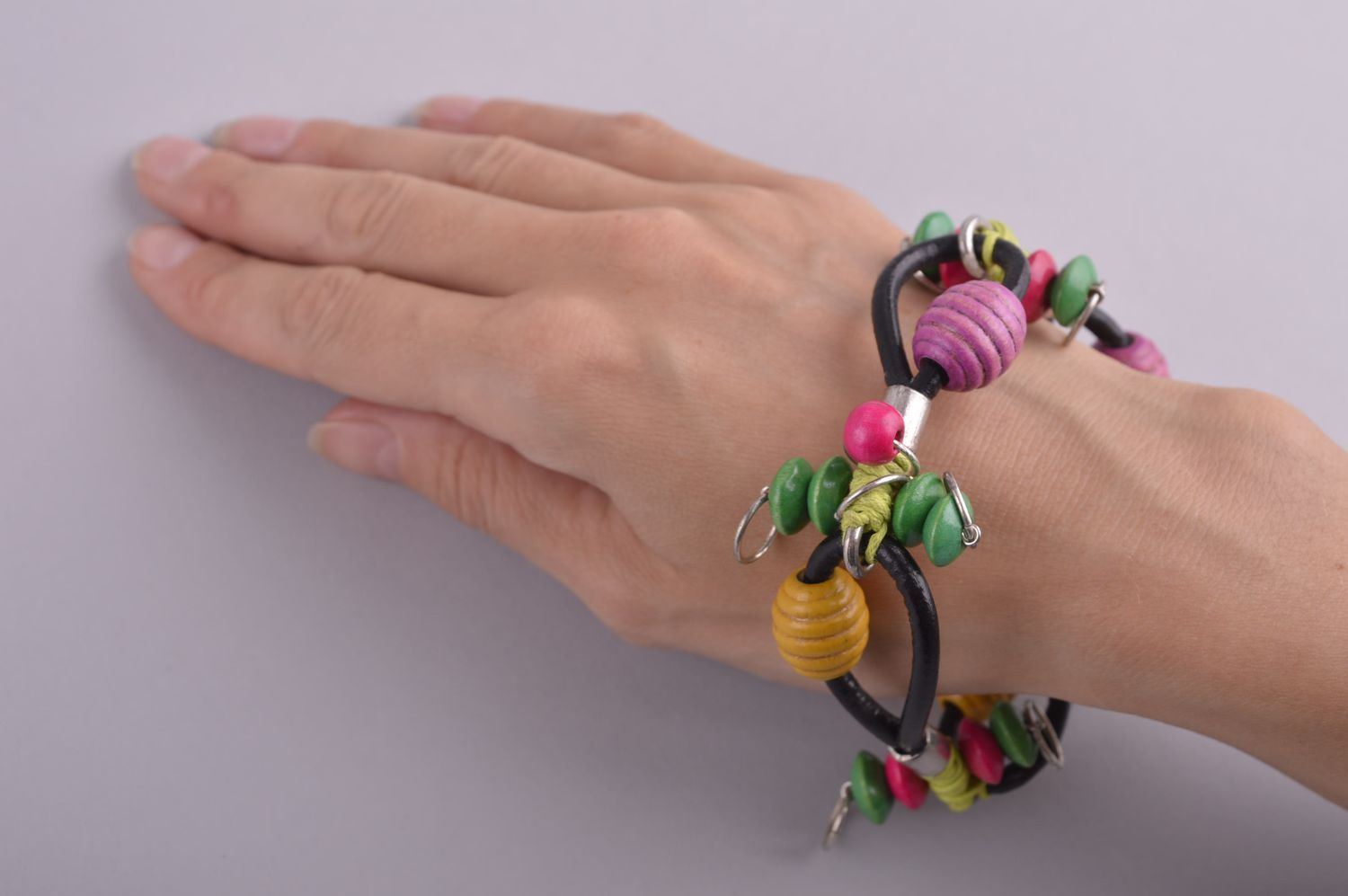Bracelet fantaisie Bijou fait main bois cordon en cuir Accessoire pour femme photo 5
