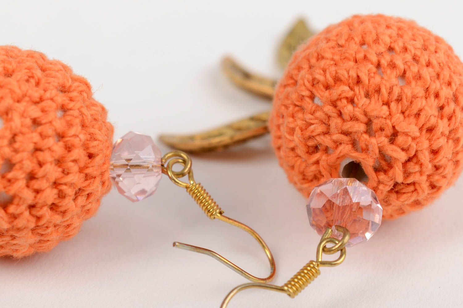 Handmade designer earrings with orange crocheted over beads and crystal glass photo 5