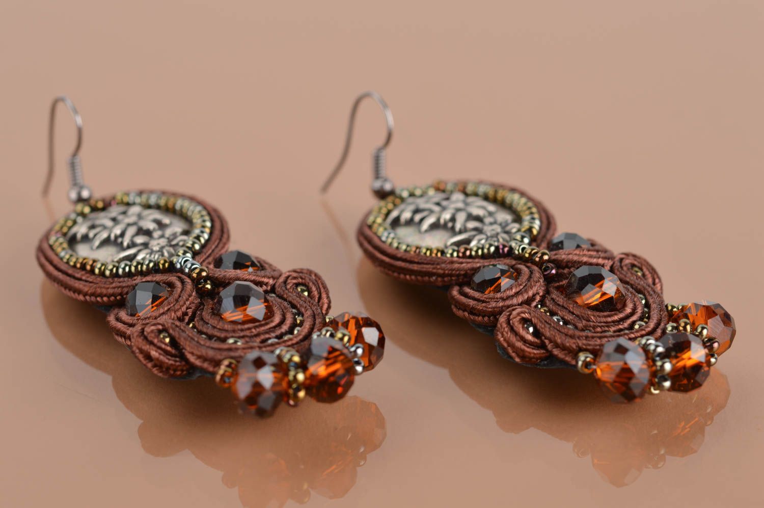 Beautiful handmade long brown soutache earrings with crystals for women photo 2