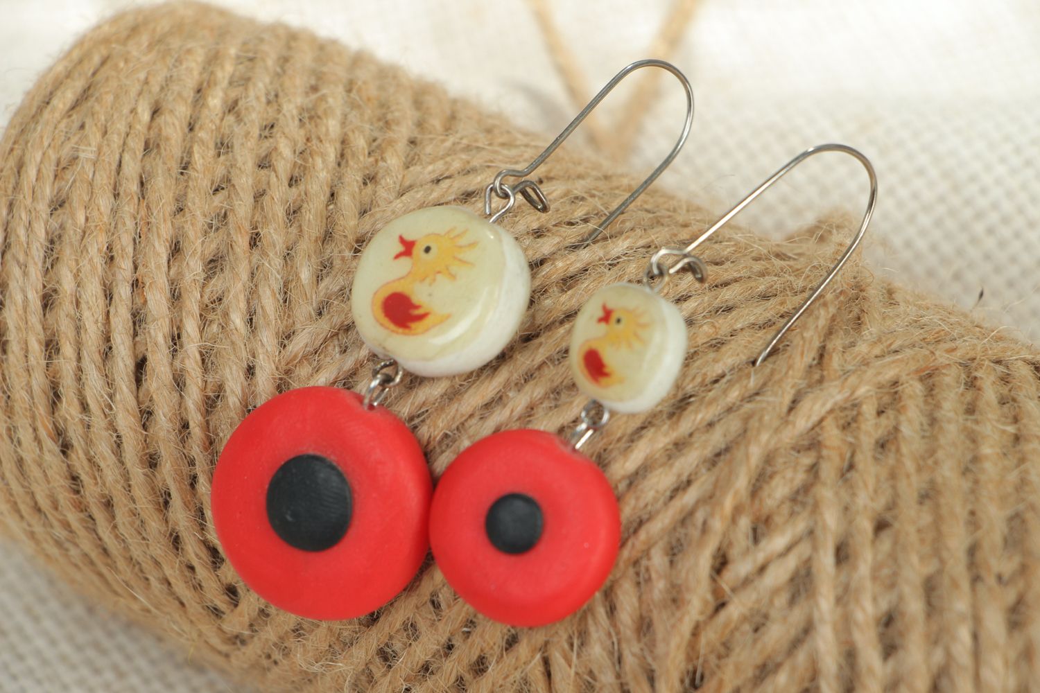 Beautiful round polymer clay earrings of red color photo 4