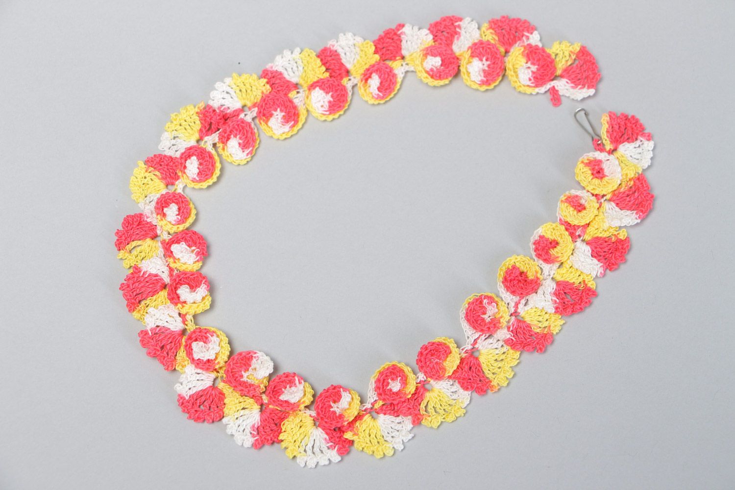 Handmade necklace crocheted of cotton pink and yellow color-blend threads  photo 2