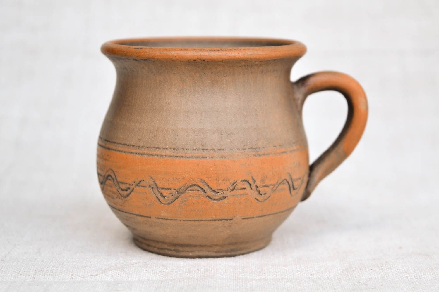 6 oz clay coffee cup in pot shape with handle and plain olive and light brown color design photo 4
