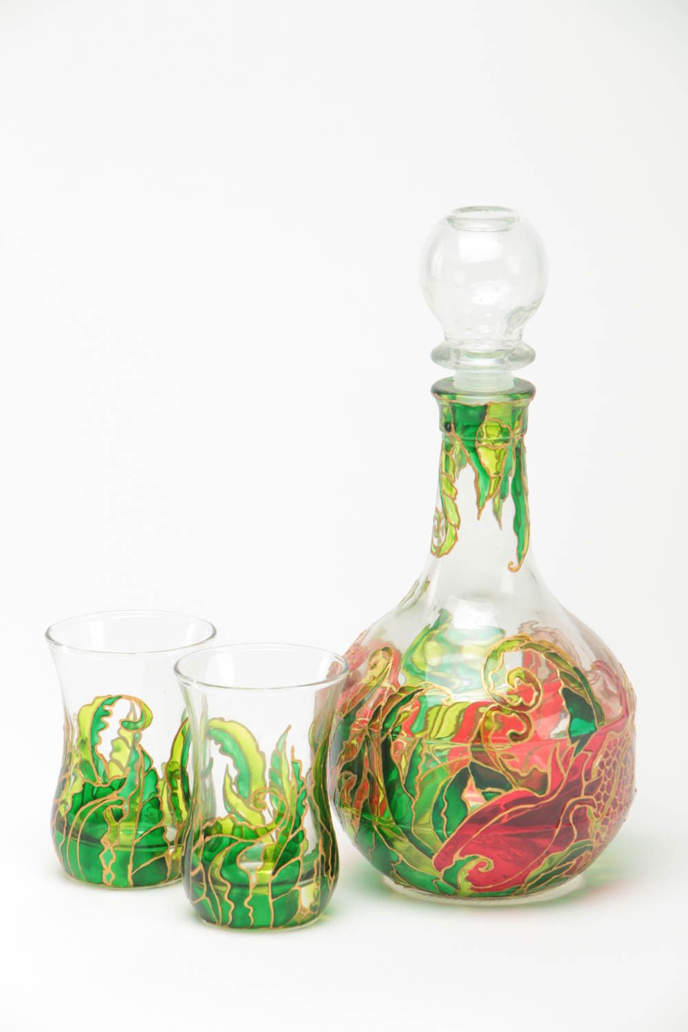 Ensemble carafe et petits verres en verre peints faits main originaux Grenade photo 2