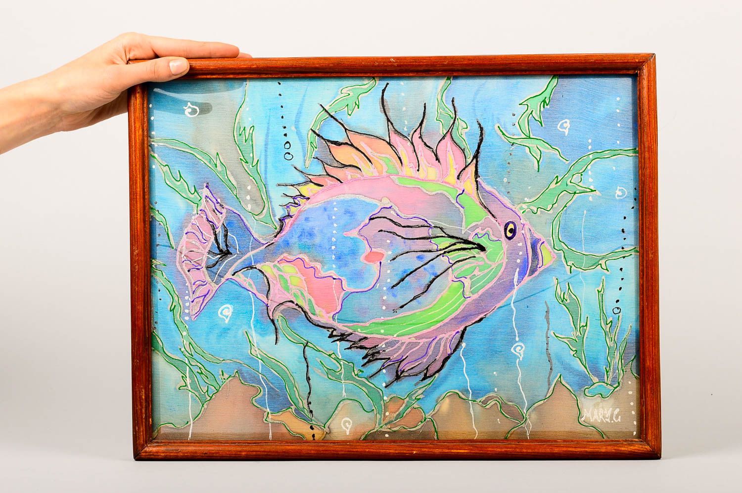 Handmade Wanddeko Bild Deko Wandbild Geschenkidee zum Einzug Seefisch Batik bunt foto 1