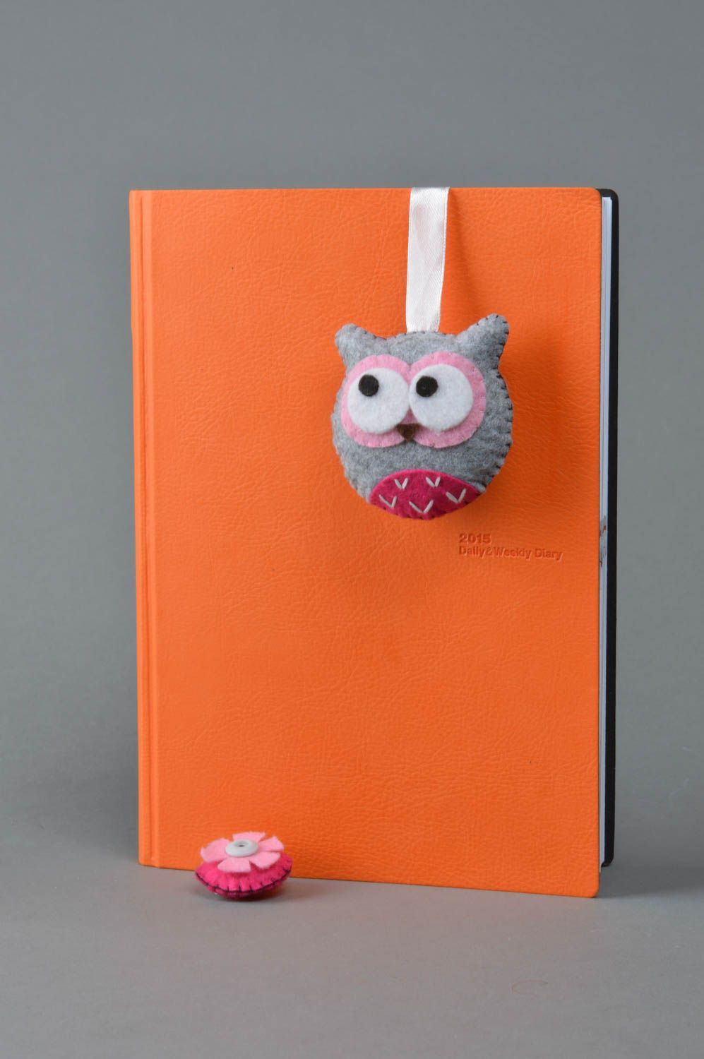 Handmade designer ribbon bookmark with gray felt toy owl charm with embroidery photo 2