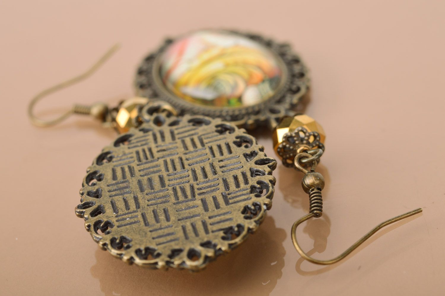 Handmade massive oval dangle earrings with fancy metal basis and beads photo 5