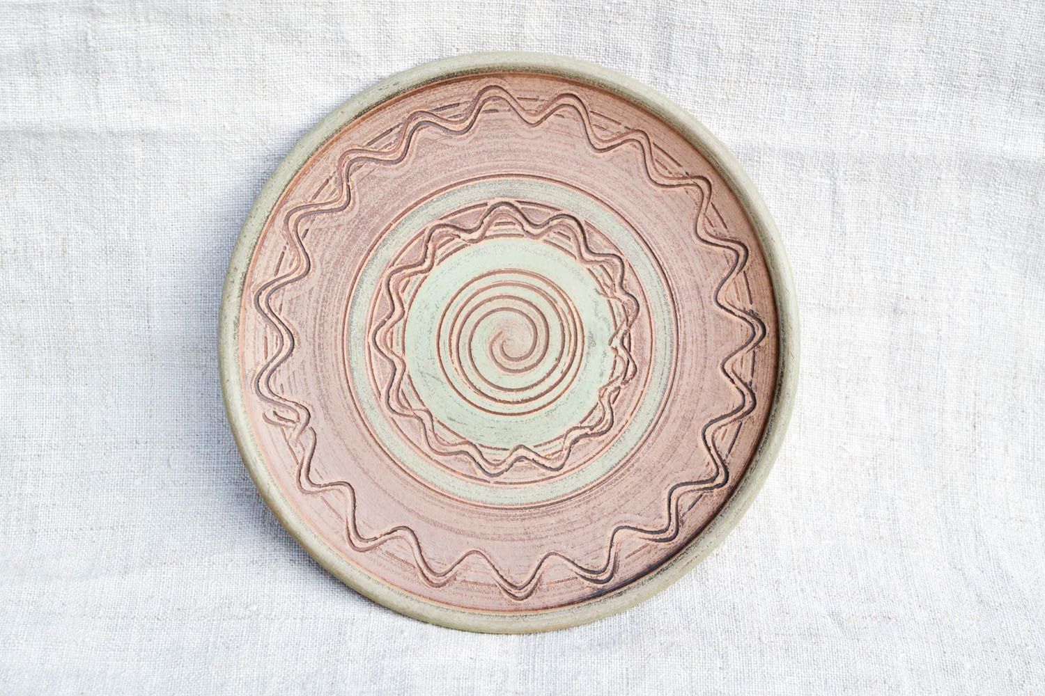 Handmade Keramik Wandteller mit Ornament Wohn Accessoire Küchen Deko braun foto 3
