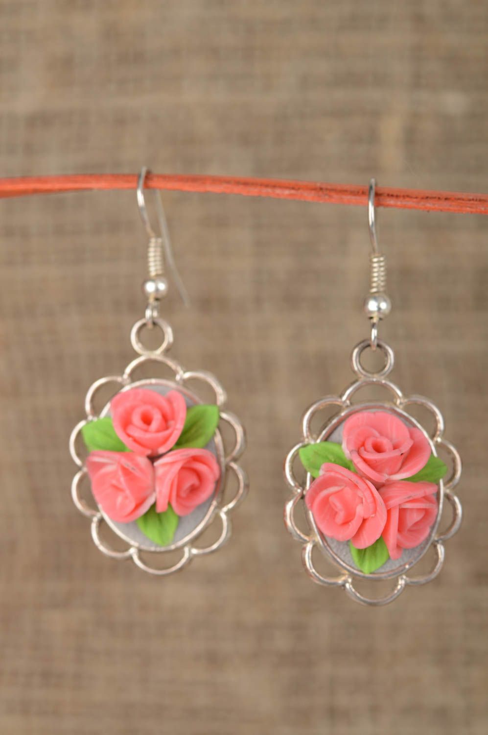 Polymer clay handmade designer earrings oval-shaped pink accessory with flowers photo 1