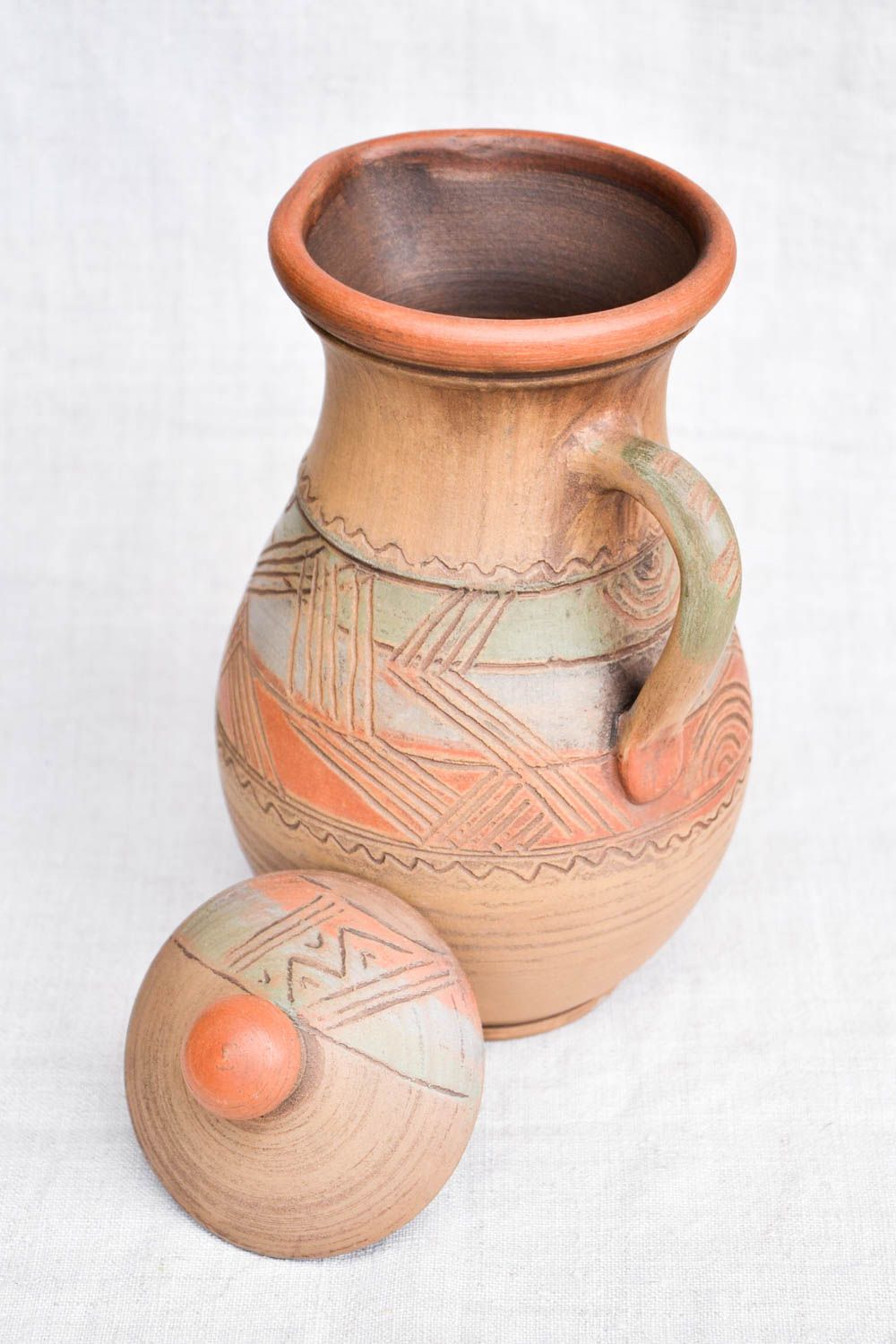Глиняный кувшин ручной работы посуда из керамики емкость для питья с крышкой фото 5