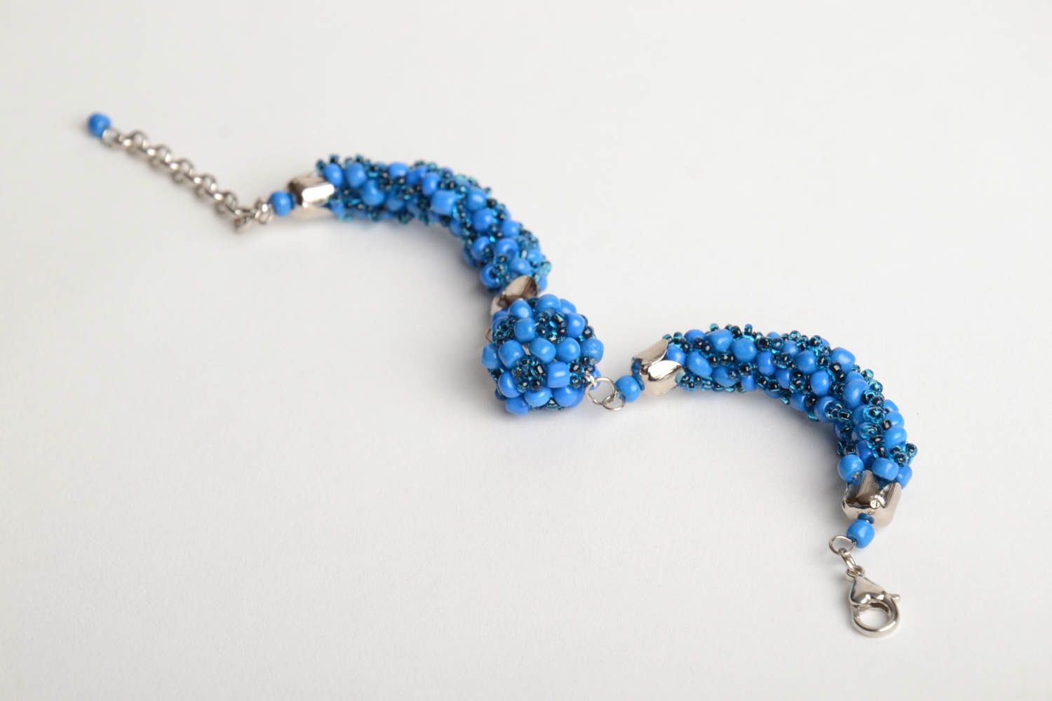 Designer handmade women's wrist laconic bracelet woven of blue Czech beads photo 4