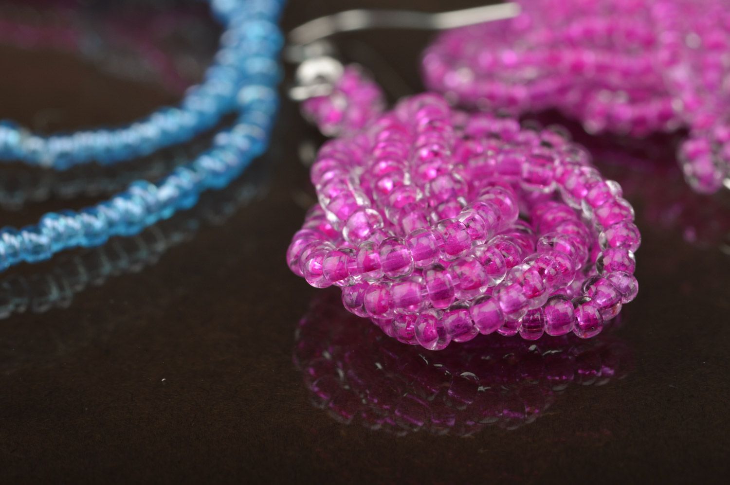 Handmade wrist bracelet and dangle earrings woven of blue and violet Czech beads photo 5