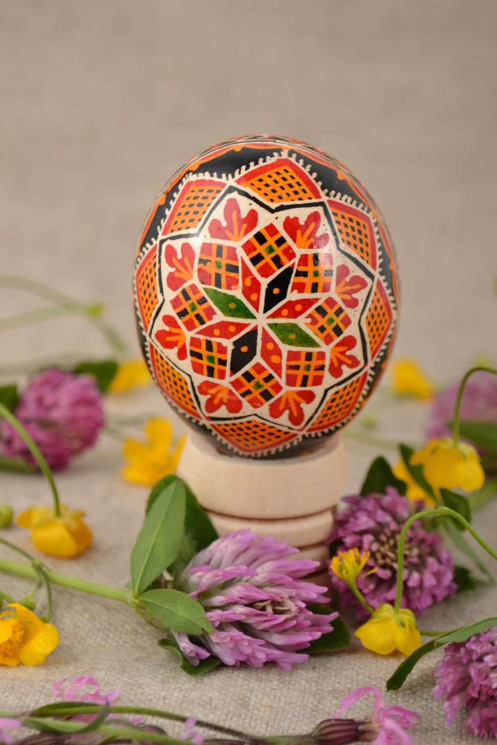 Handmade decorative Easter chicken egg with ornament painted with acrylics photo 1