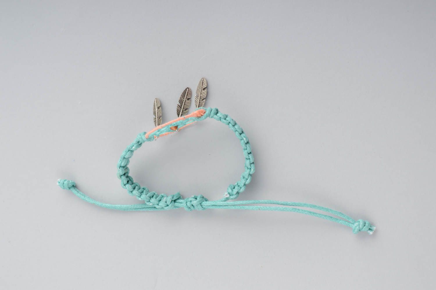 Handmade macrme woven waxed cord blue wrist bracelet with dreamcatcher amulet photo 5