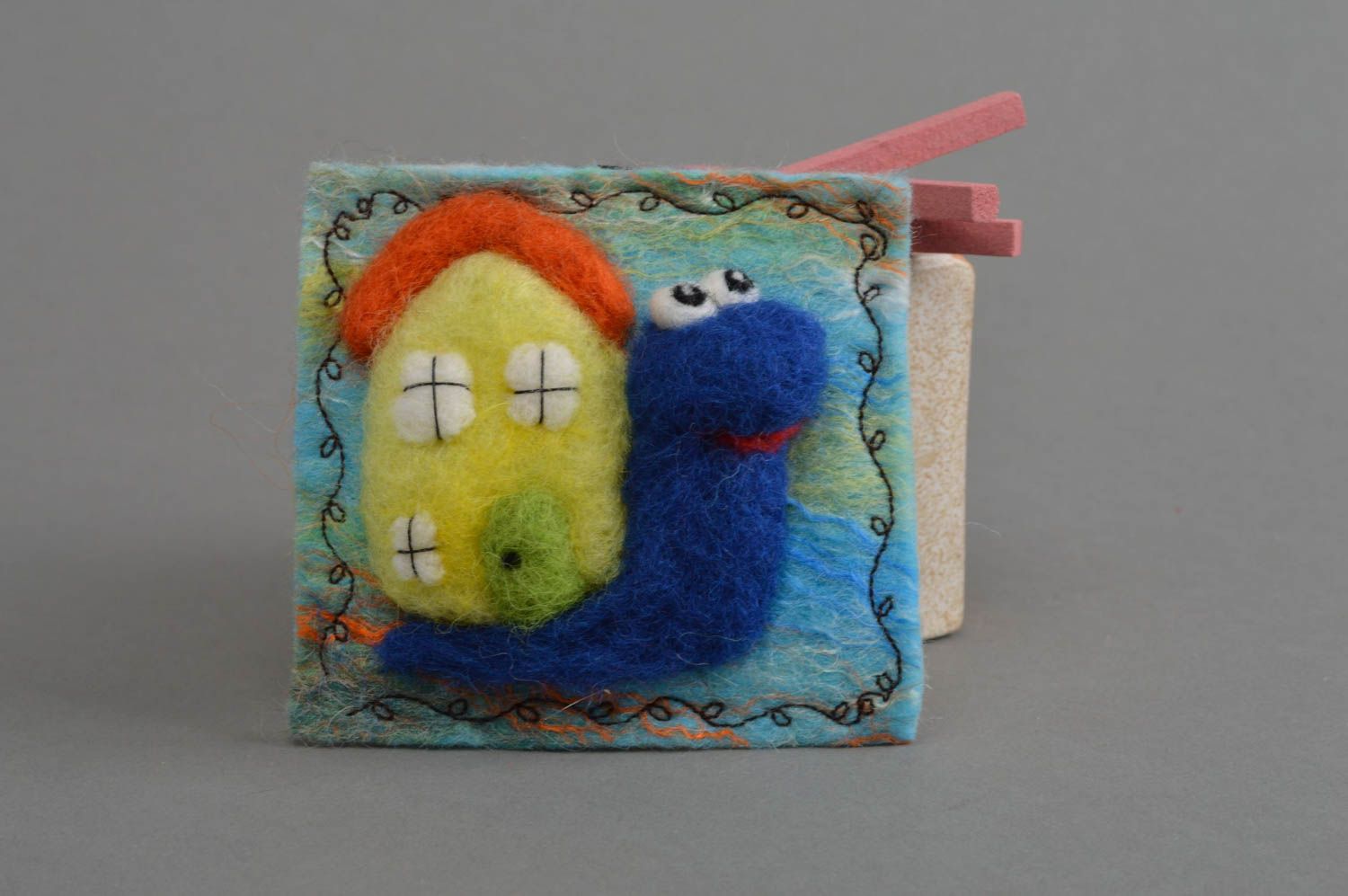 Colorful stylish handmade textile fridge magnet in shape of blue snail photo 1