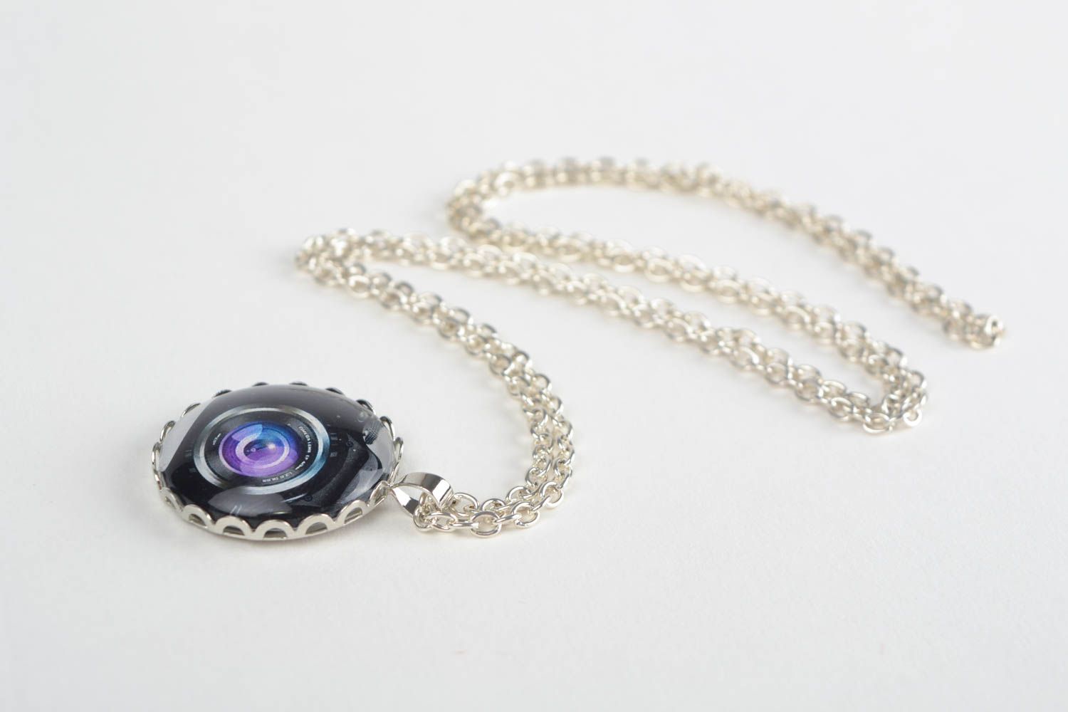 Handmade simple round glass pendant with image of photo camera on metal chain photo 1