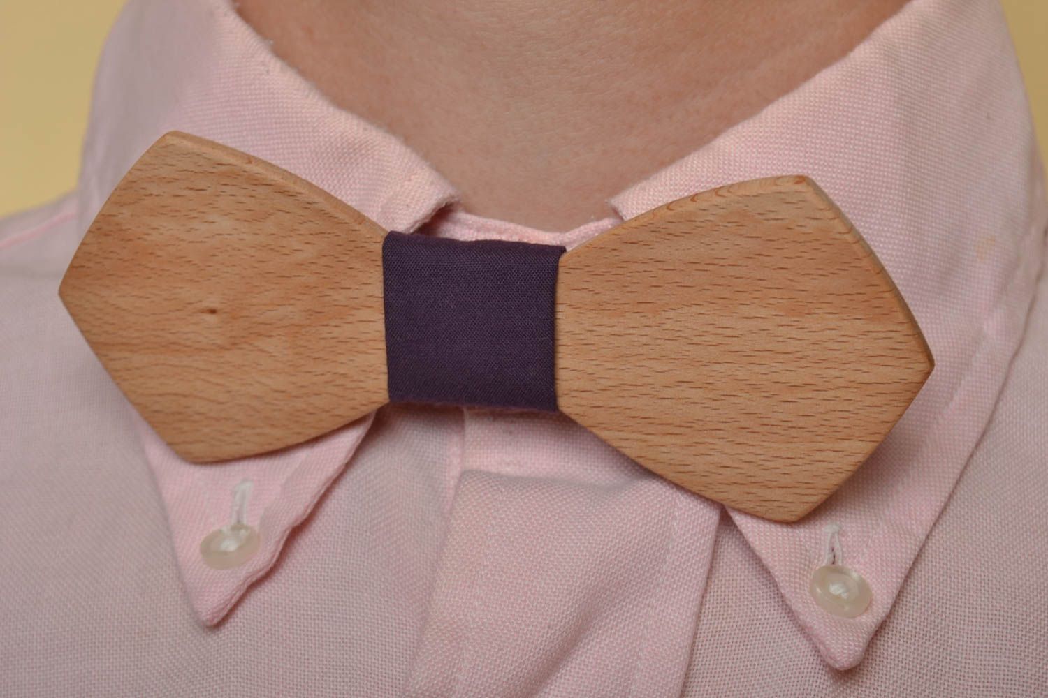 Handmade wooden designer bow tie with violet fabric strap photo 1