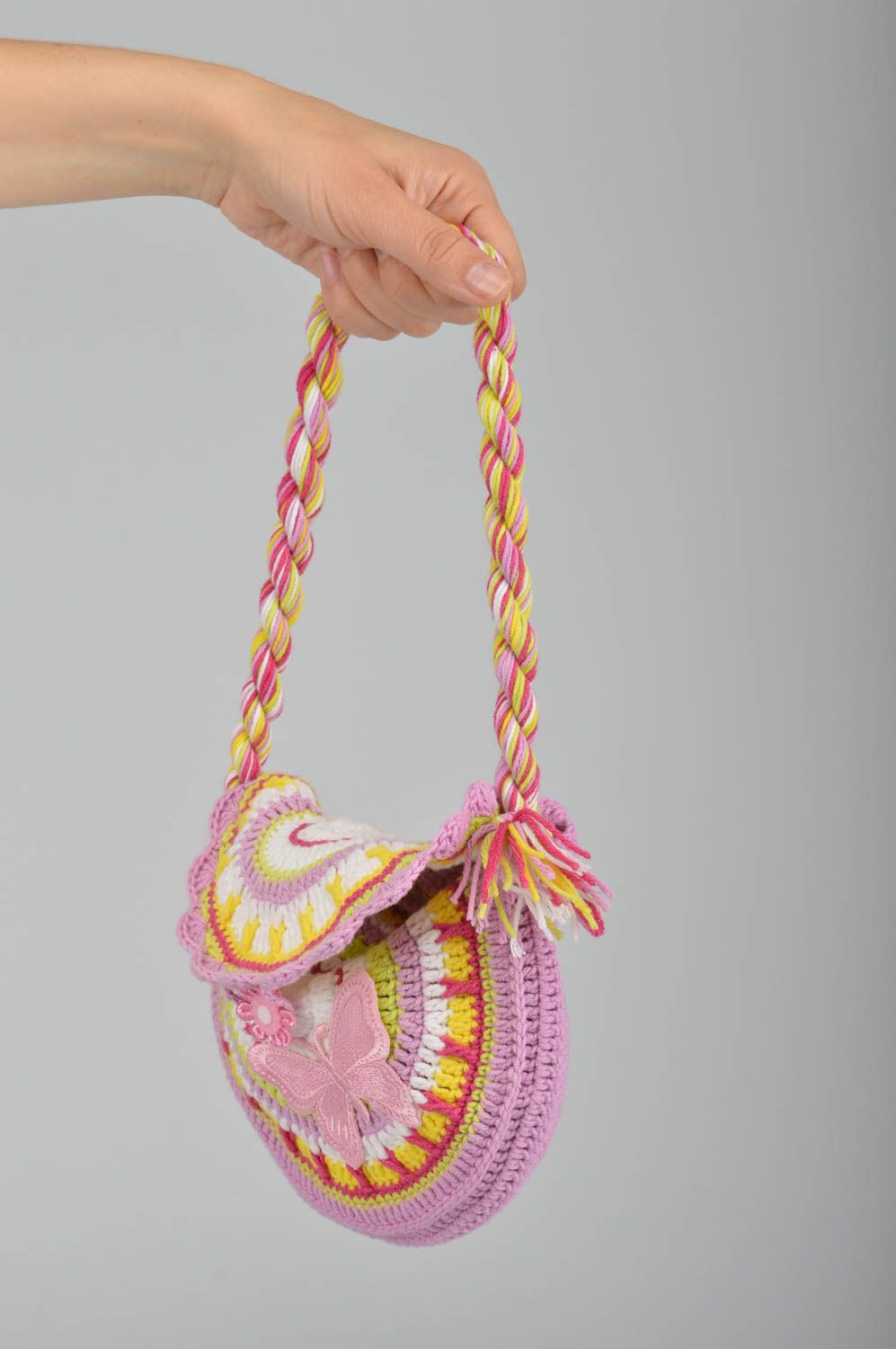 Детская сумочка ручной работы вязаная сумочка крючком розовая сумка через плечо фото 3