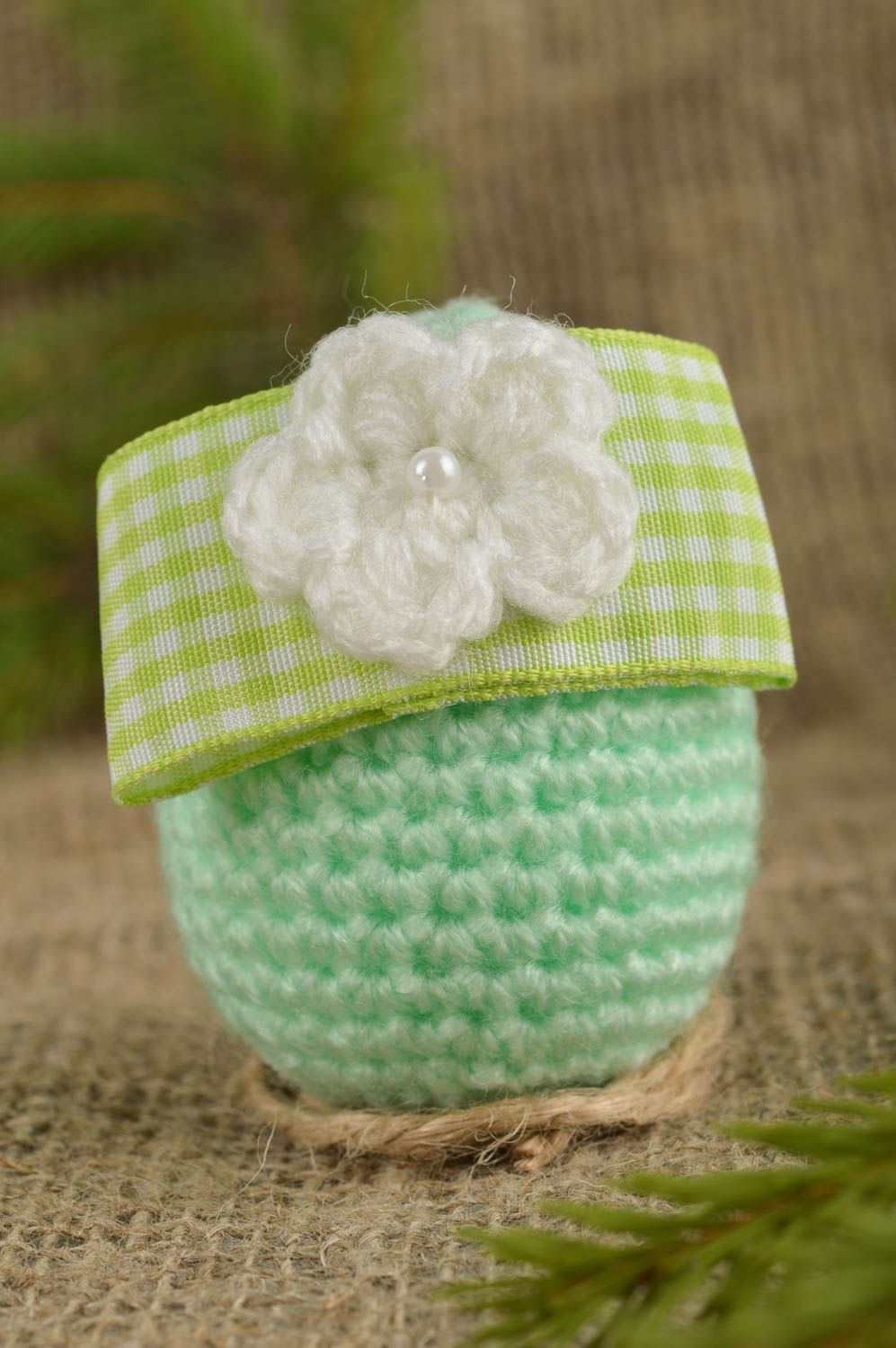 Handmade Easter egg decorative use only mint crocheted egg with a flower cute gift photo 1