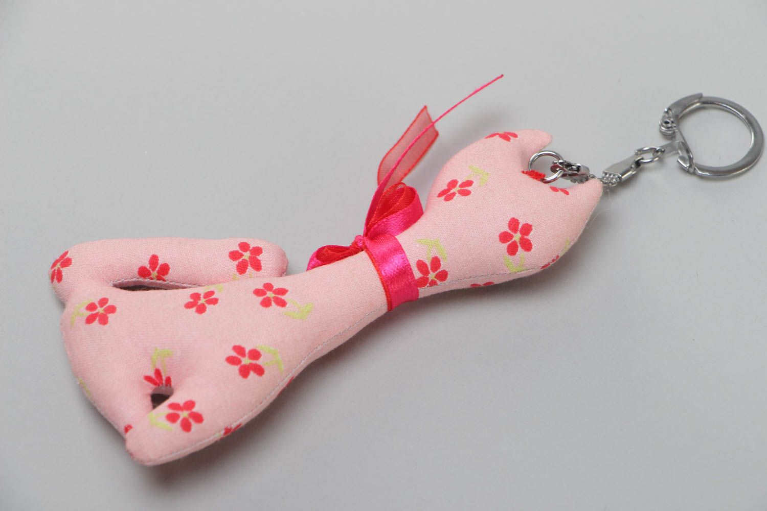 Handmade soft toy keychain sewn of pink polka dot cotton fabric in the shape of cat photo 4