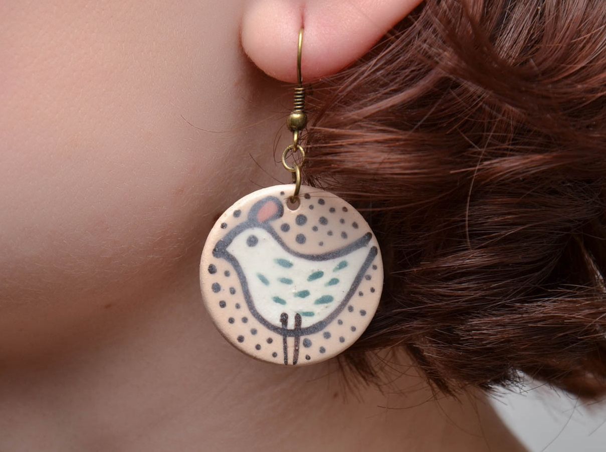 Round ceramic earrings painted with engobes and glaze photo 5