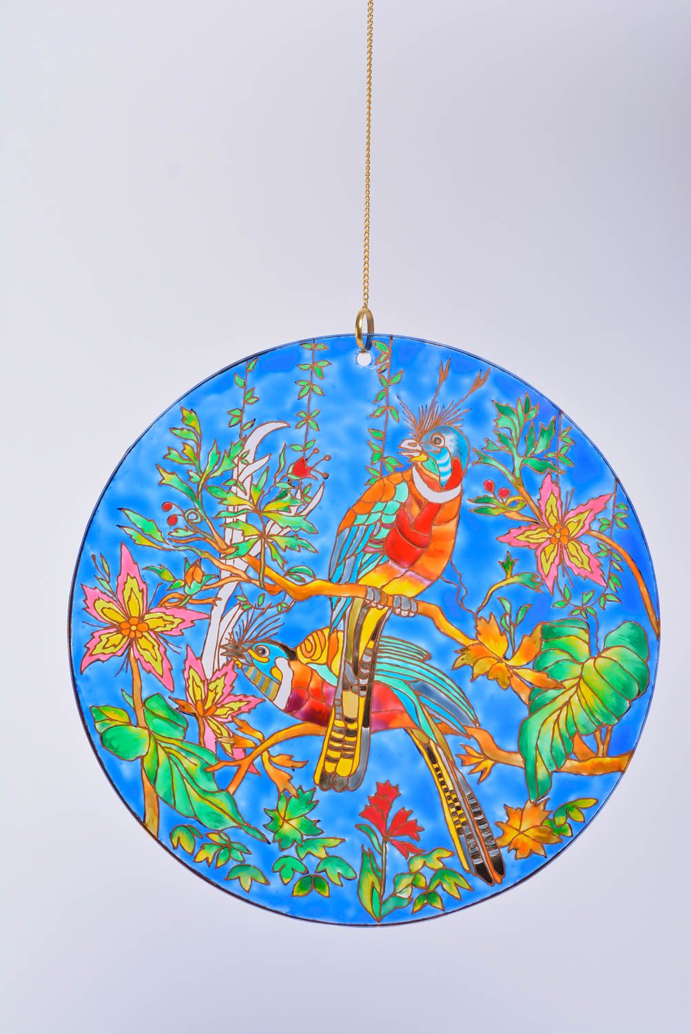 Декоративная тарелка из стекла расписанная витражными красками хэндмэйд Экзотика фото 3