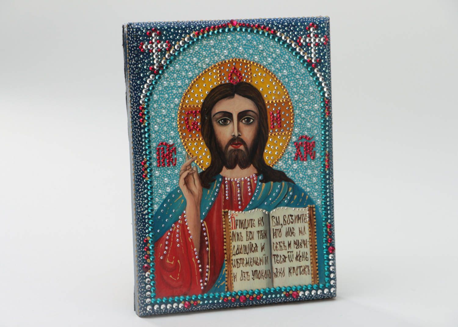 Handmade beautiful icon painted with gouache on wooden basis with rhinestones photo 2