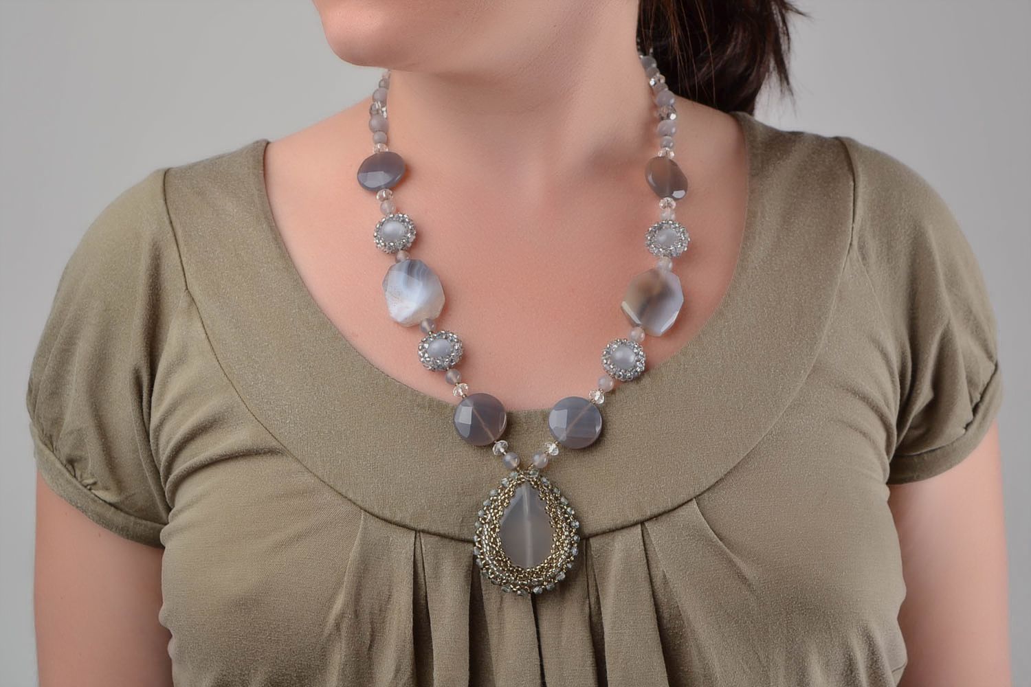 Beautiful stylish massive handmade necklace made of beads and natural stone photo 1