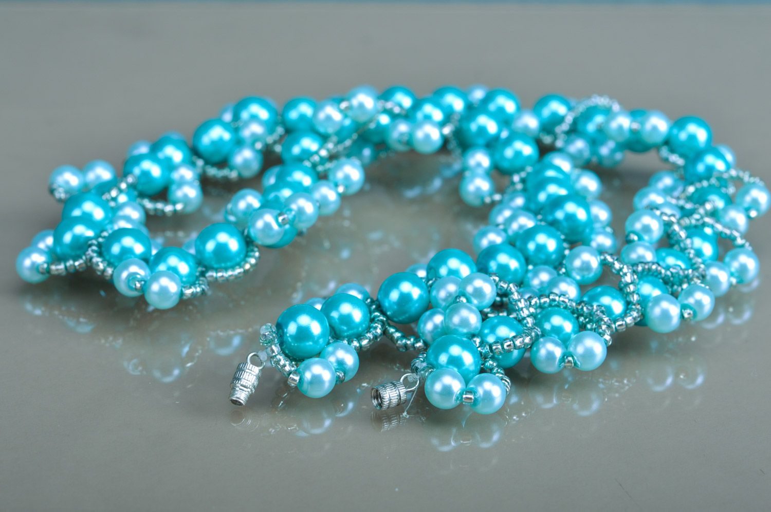Collier en perles de rocaille et perles fantaisie bleu fait main pour femme photo 5