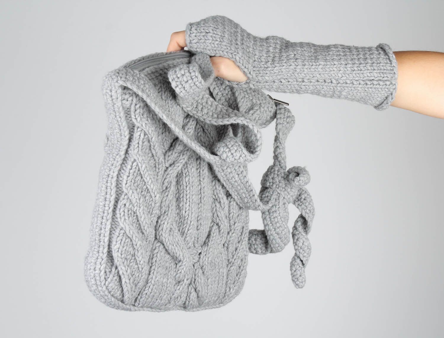 Mala de malha com mitenes de fios de lã acessórios femininos quentes tricotados  foto 3