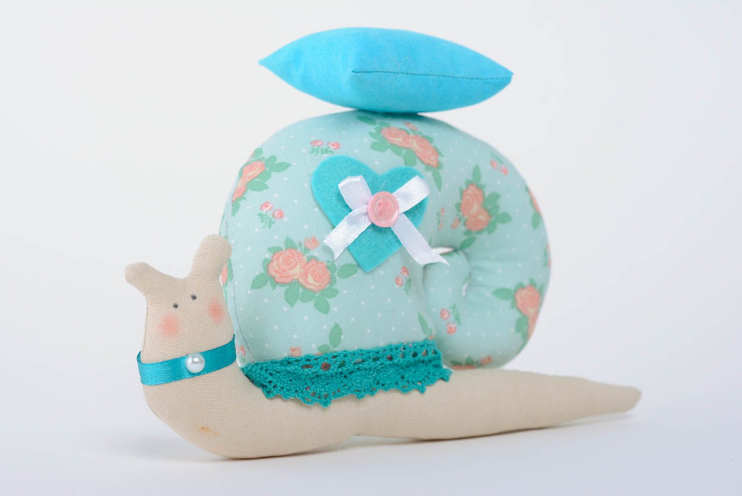 Fabric toy in the form of a blue snail beautiful handmade interior decor element photo 1